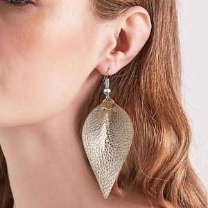 NWT Faux Leather Champagne Colored Leaf Earrings